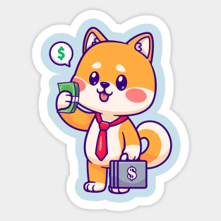 Cute Shiba Inu Dog Business Holding Money And Suitcase Cartoon Sticker